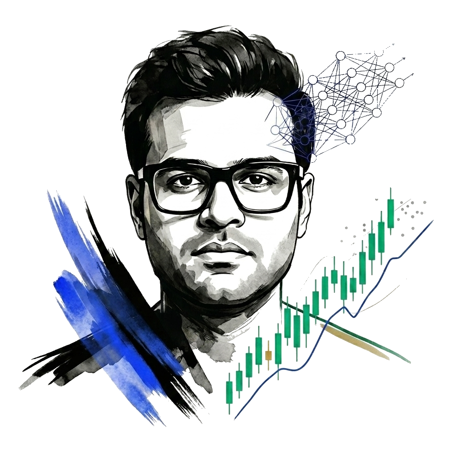 Ink and watercolor portrait of Sarthak Gupta with blue brush strokes, a rising candlestick chart, and a neural network motif